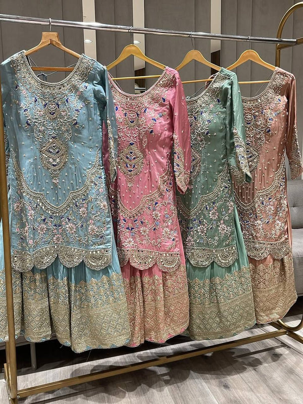 Designer Party Wear Sharara Suit Set with Embroidered Dupatta