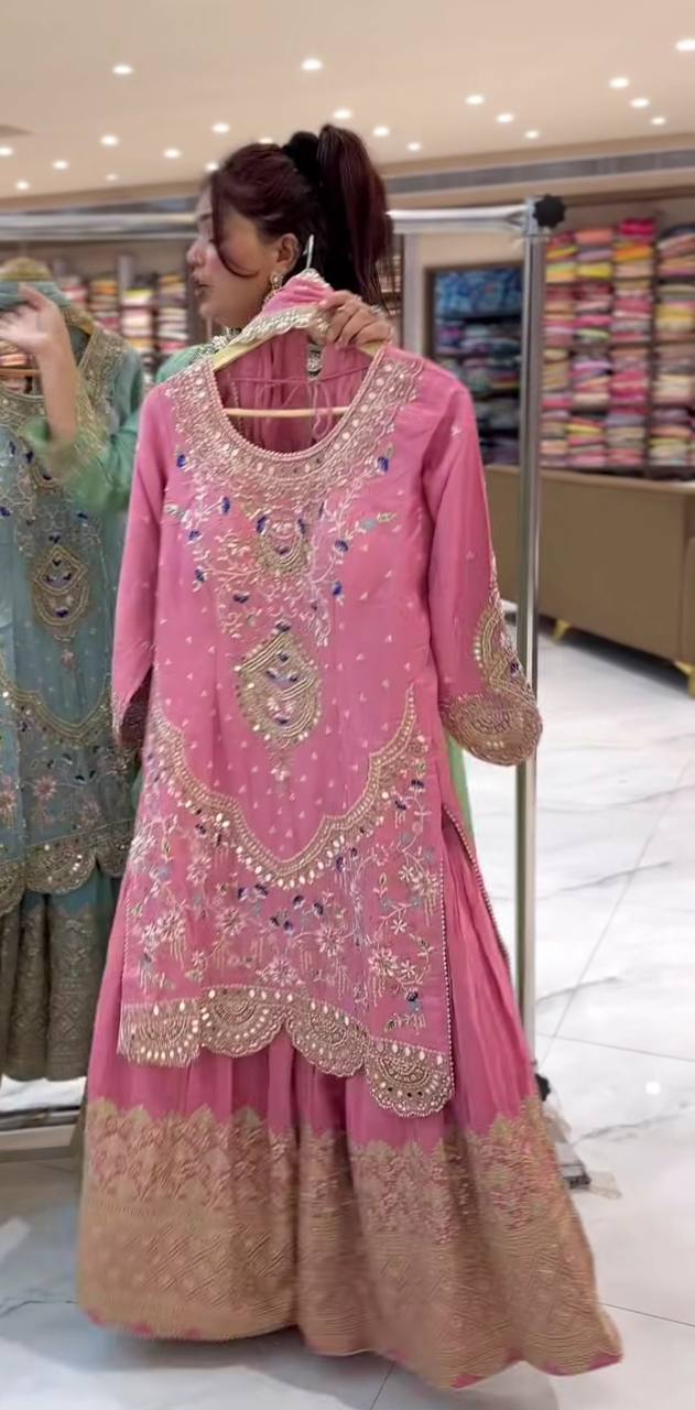 Designer Party Wear Sharara Suit Set with Embroidered Dupatta