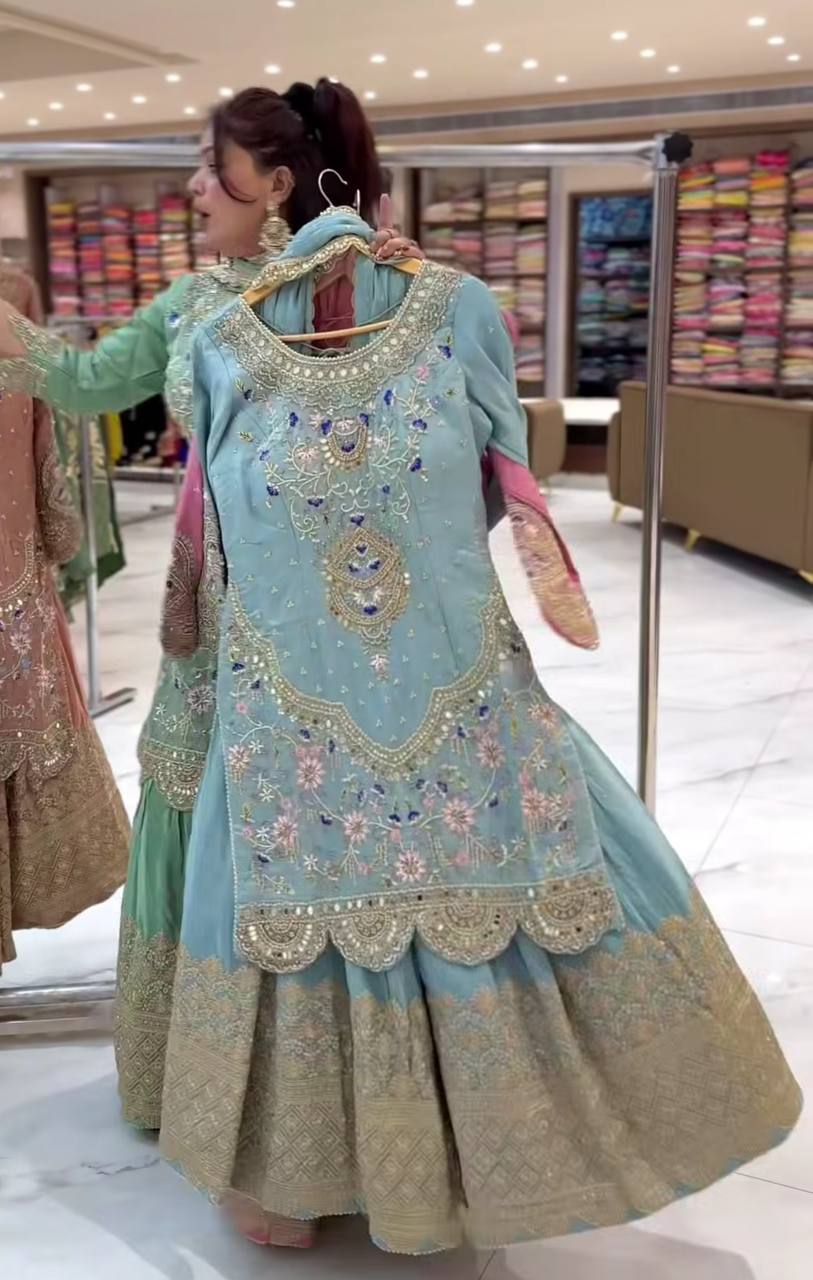 Designer Party Wear Sharara Suit Set with Embroidered Dupatta