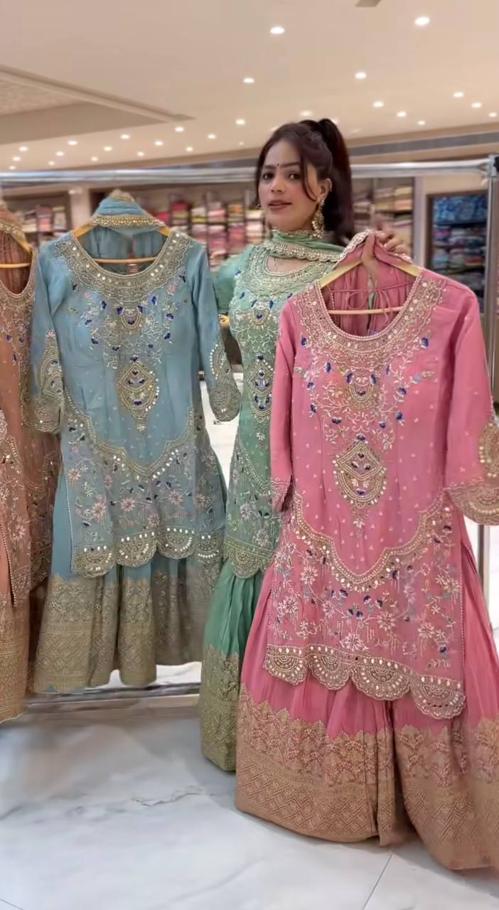 Designer Party Wear Sharara Suit Set with Embroidered Dupatta