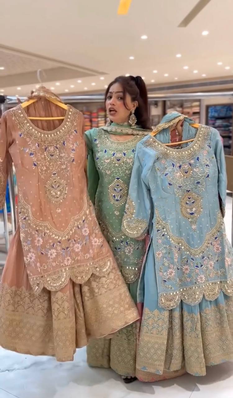 Designer Party Wear Sharara Suit Set with Embroidered Dupatta