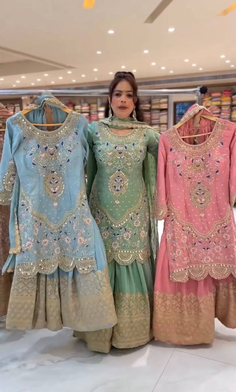 Designer Party Wear Sharara Suit Set with Embroidered Dupatta