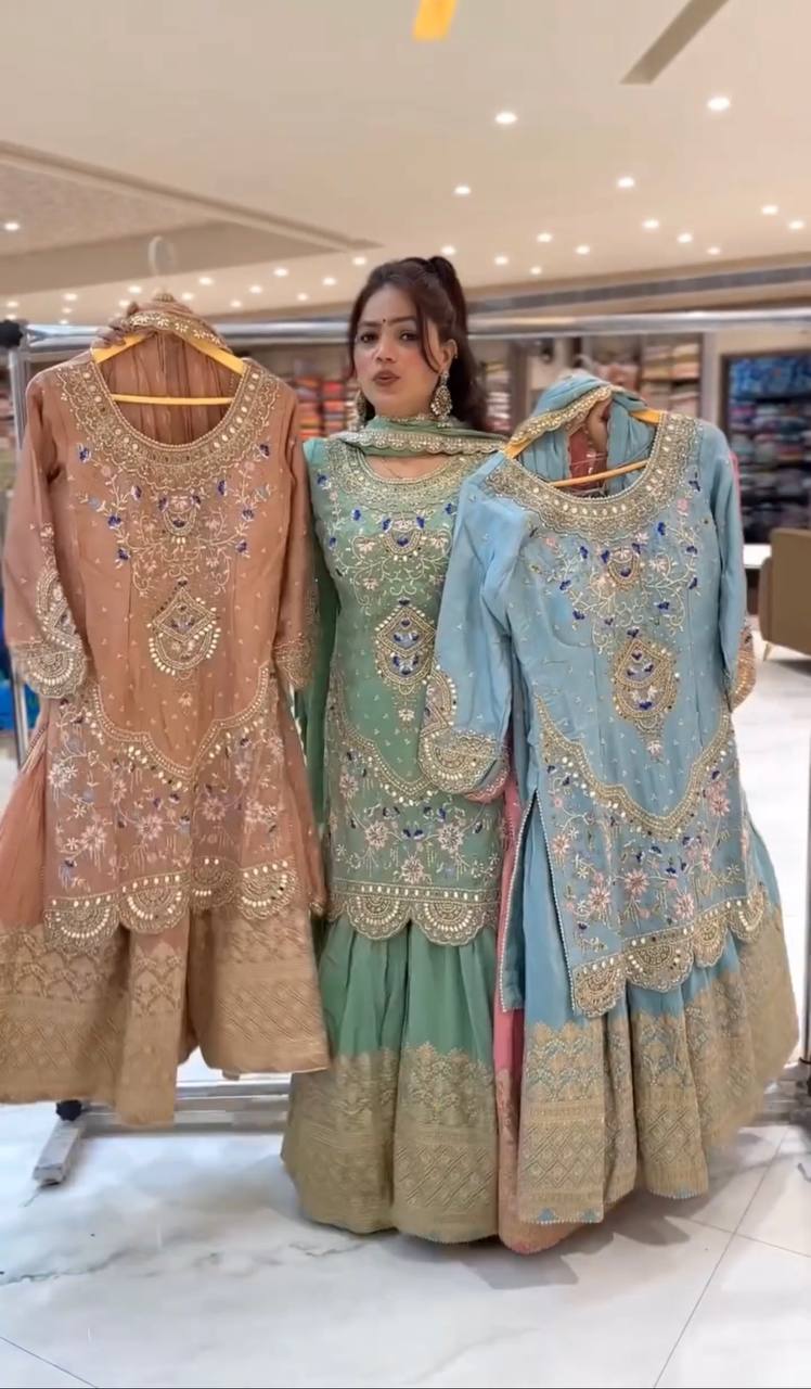 Designer Party Wear Sharara Suit Set with Embroidered Dupatta