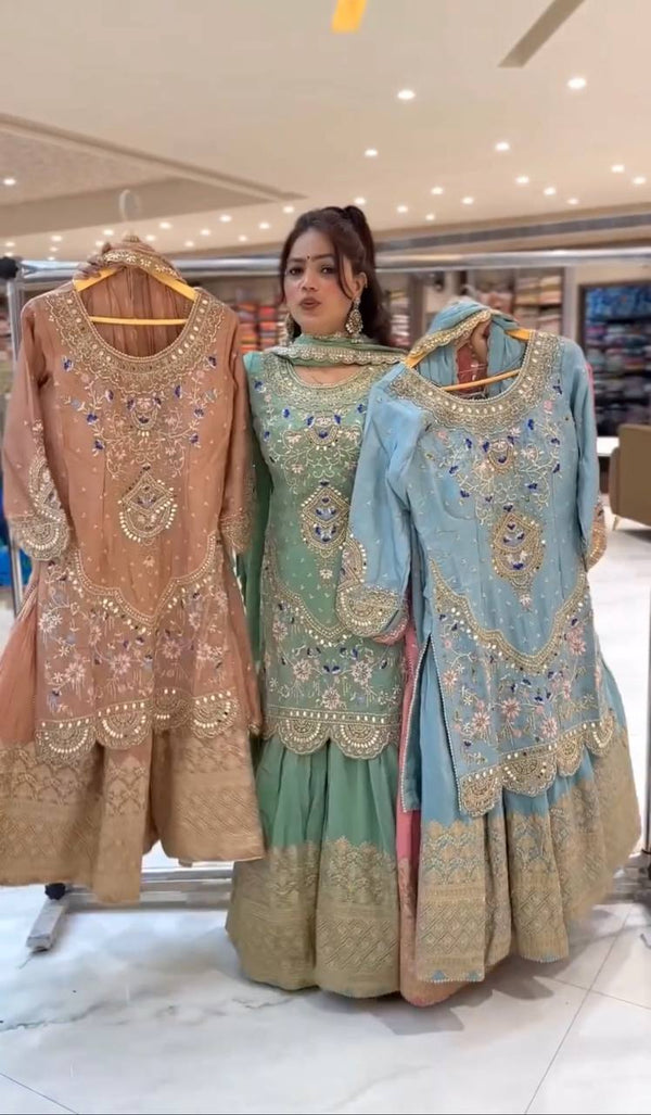 Designer Party Wear Sharara Suit Set with Embroidered Dupatta