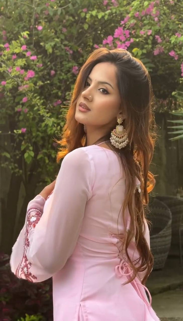 Pink Faux Georgette Embroidered Suit Set with Palazzo & Dupatta