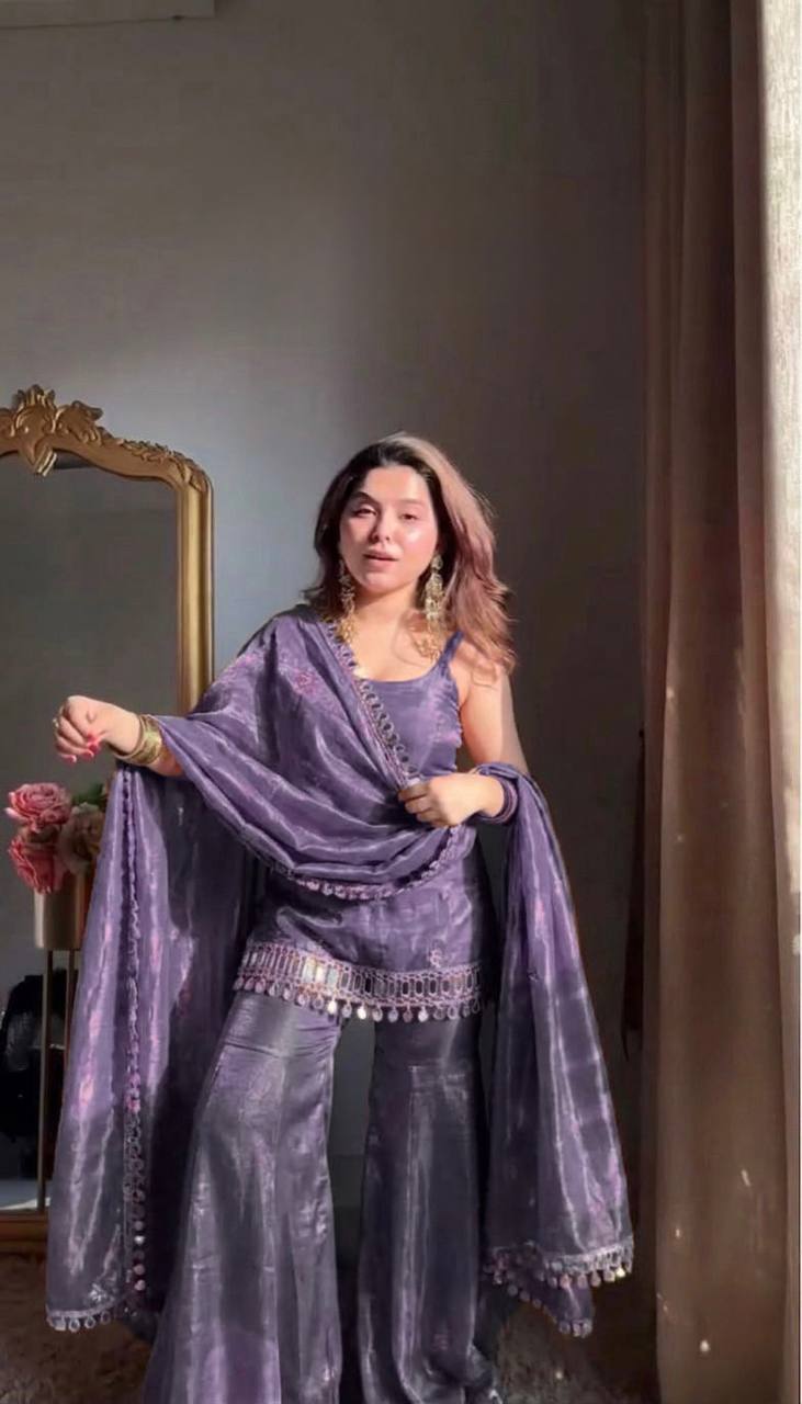 Elegant Teal Fendy Silk Embroidered Sharara Set with Mirror Work Dupatta