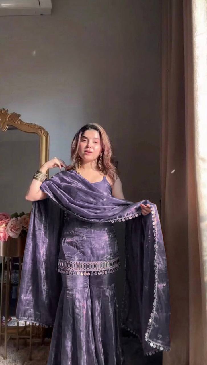 Elegant Teal Fendy Silk Embroidered Sharara Set with Mirror Work Dupatta