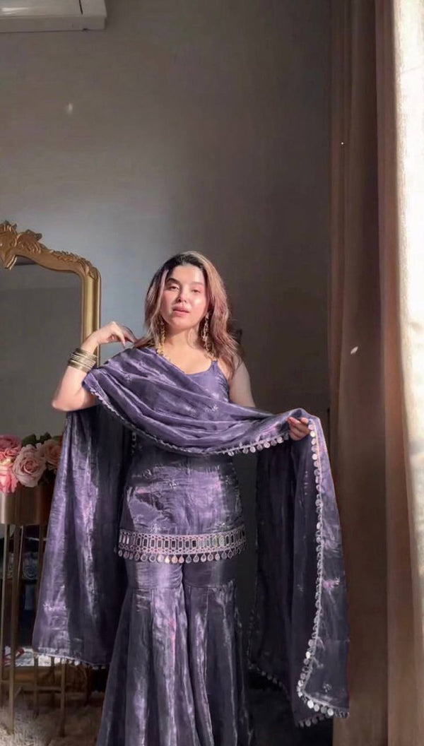 Elegant Teal Fendy Silk Embroidered Sharara Set with Mirror Work Dupatta