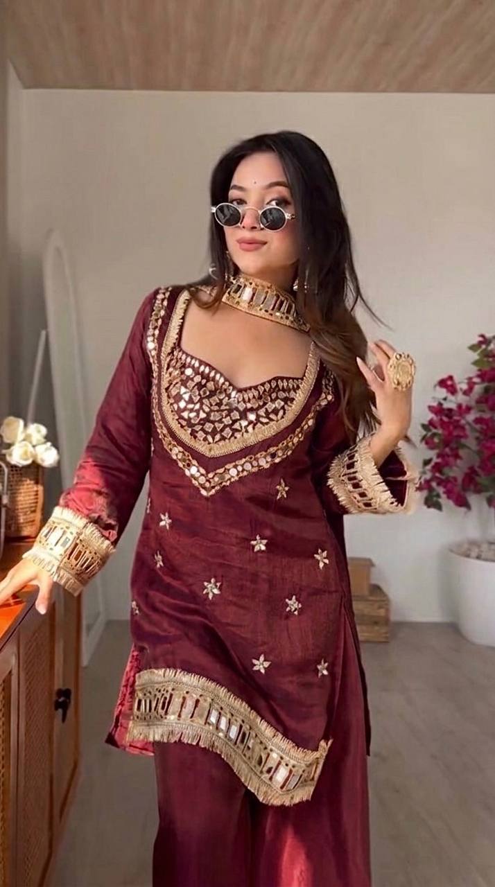 Royal Orange Mirror Work Sharara Set