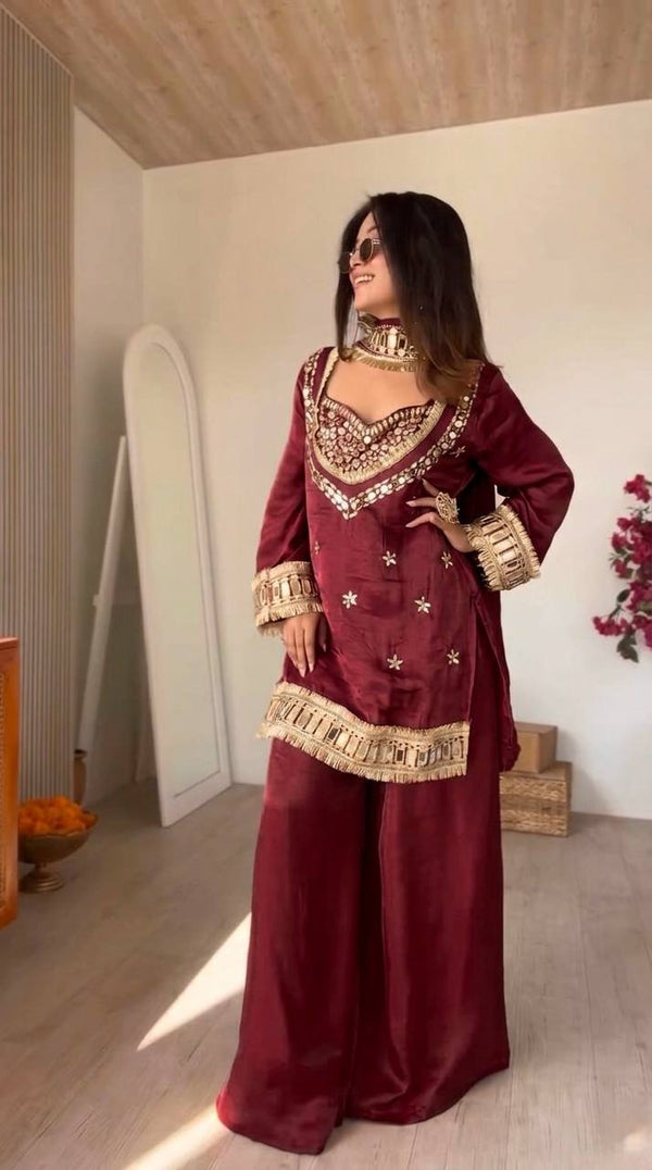 Royal Orange Mirror Work Sharara Set