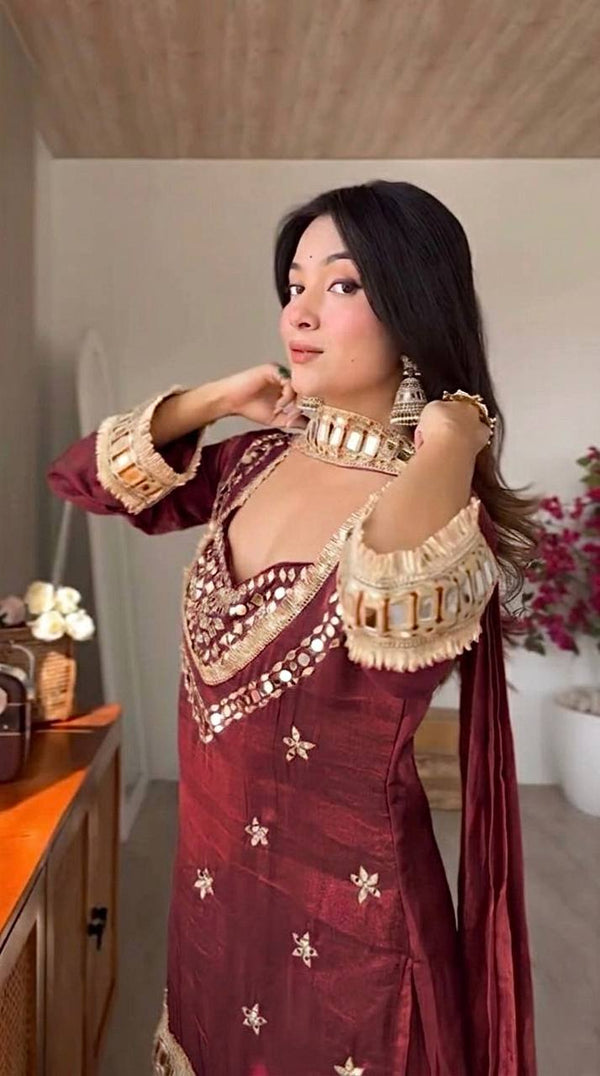Royal Orange Mirror Work Sharara Set