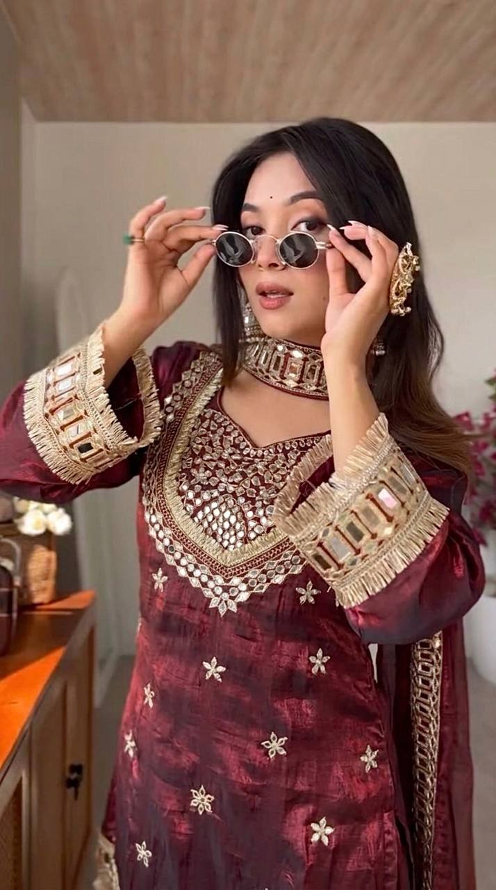 Royal Orange Mirror Work Sharara Set