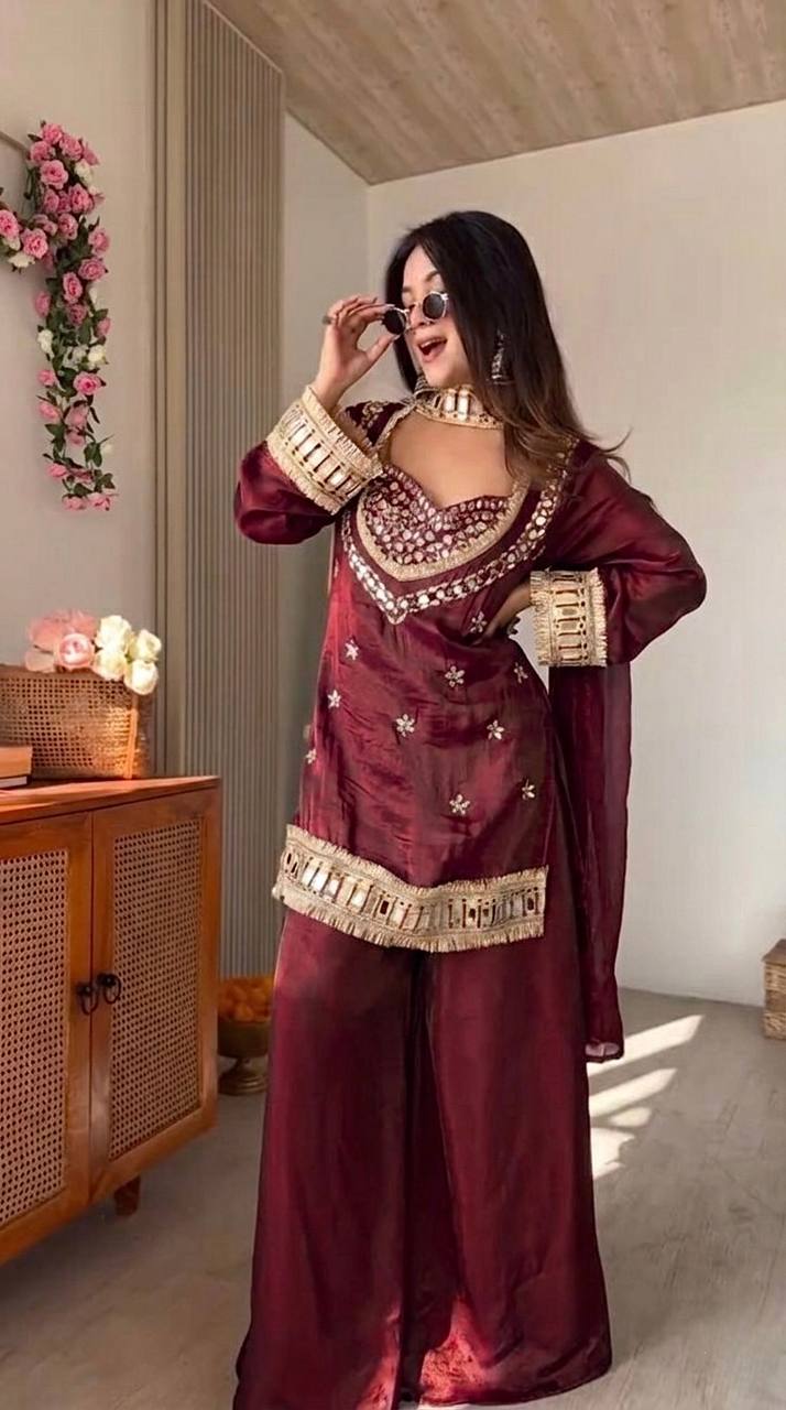 Royal Orange Mirror Work Sharara Set