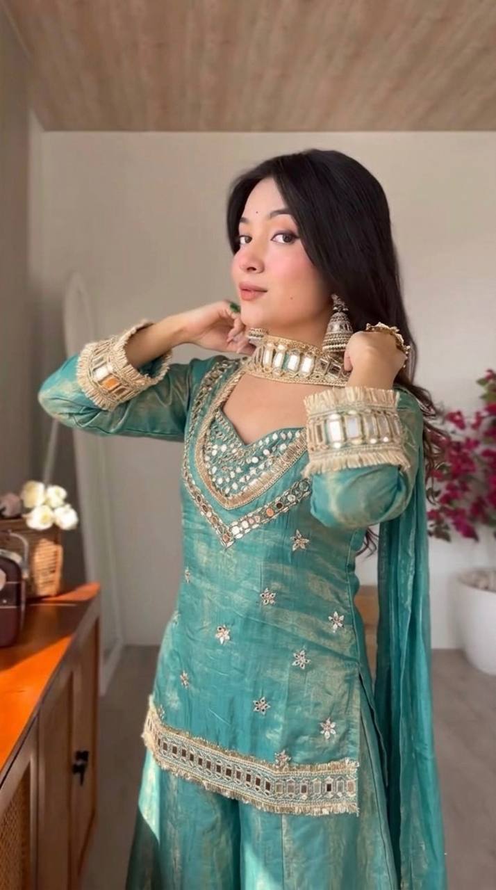 Royal Orange Mirror Work Sharara Set