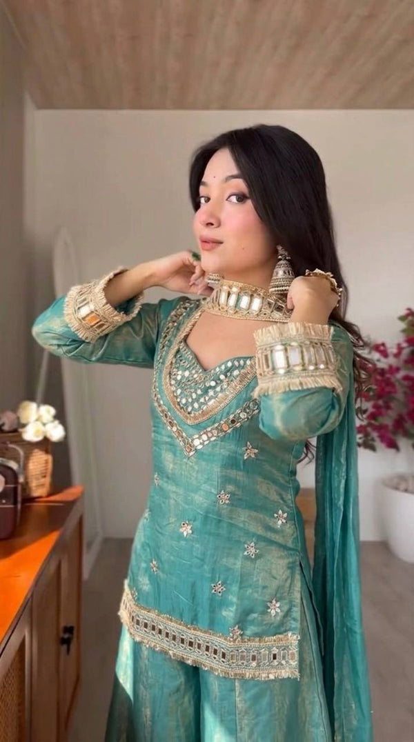 Royal Orange Mirror Work Sharara Set