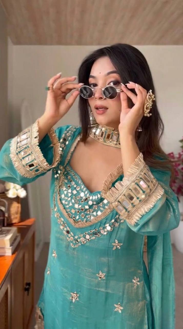 Royal Orange Mirror Work Sharara Set