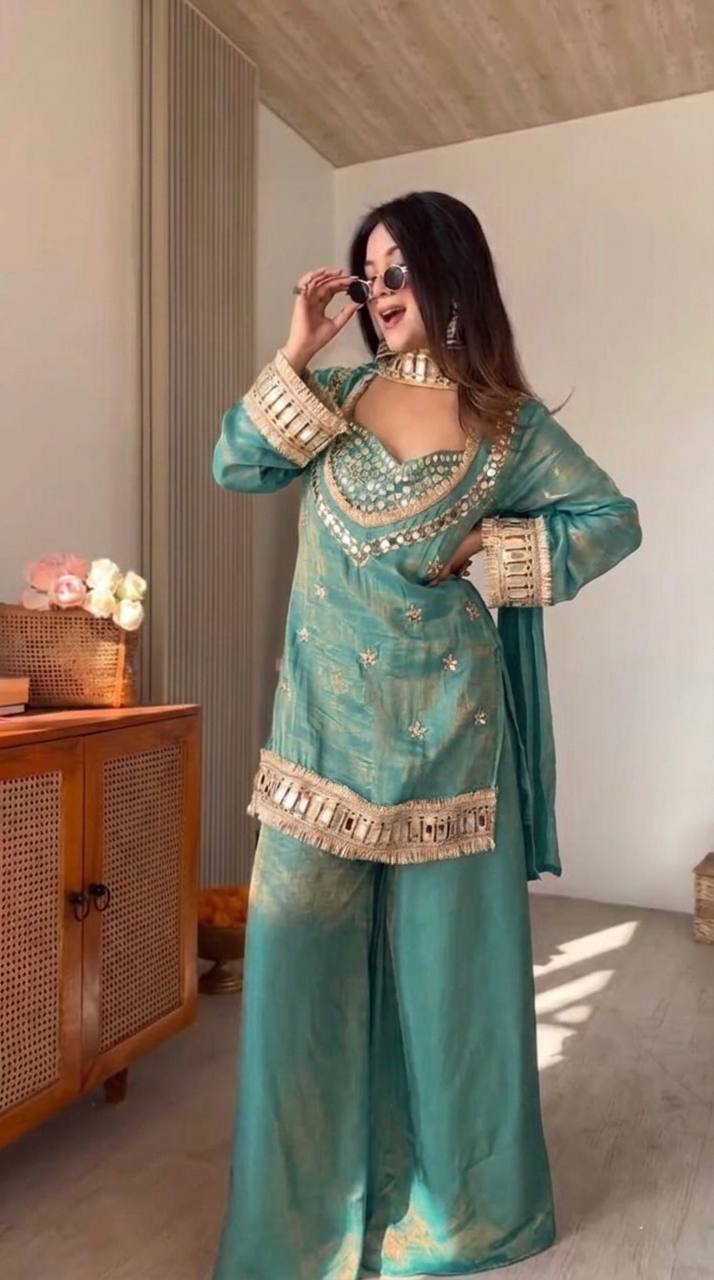 Royal Orange Mirror Work Sharara Set