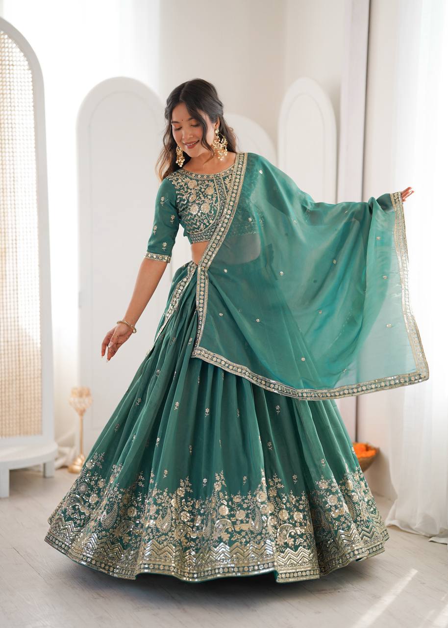 Designer Heavy Shimmer Silk Lehenga Set with Threadwork & Sequence Detailing