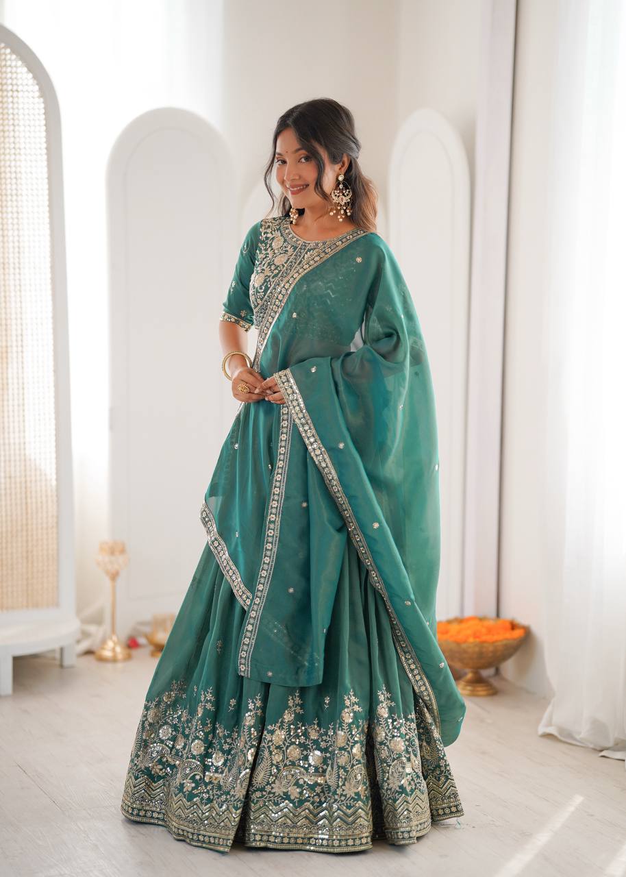 Designer Heavy Shimmer Silk Lehenga Set with Threadwork & Sequence Detailing