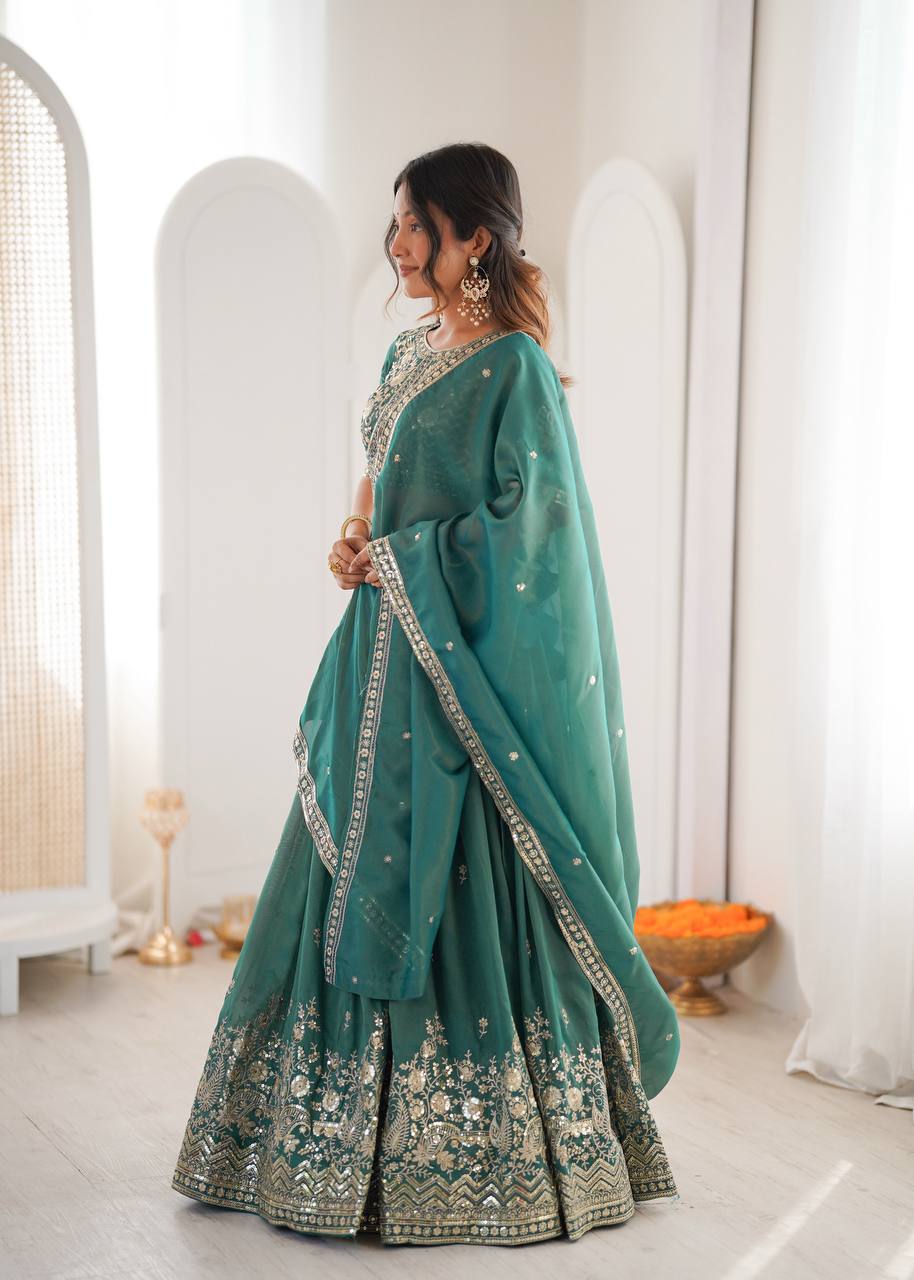 Designer Heavy Shimmer Silk Lehenga Set with Threadwork & Sequence Detailing