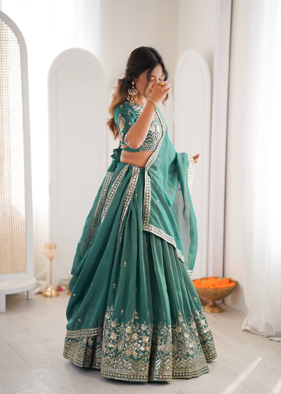 Designer Heavy Shimmer Silk Lehenga Set with Threadwork & Sequence Detailing