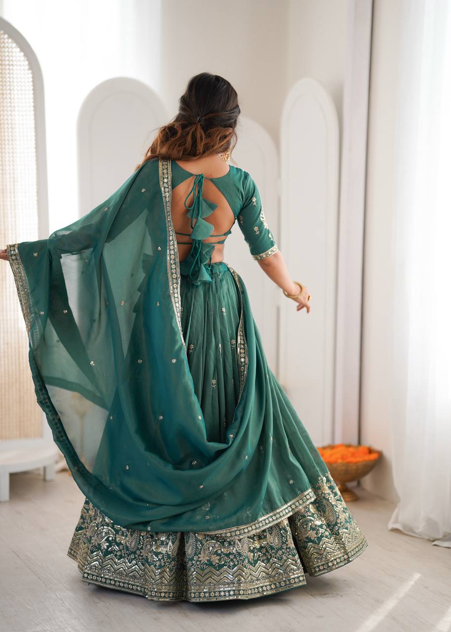 Designer Heavy Shimmer Silk Lehenga Set with Threadwork & Sequence Detailing