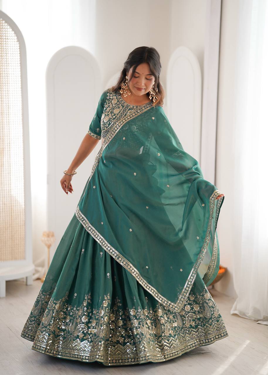 Designer Heavy Shimmer Silk Lehenga Set with Threadwork & Sequence Detailing