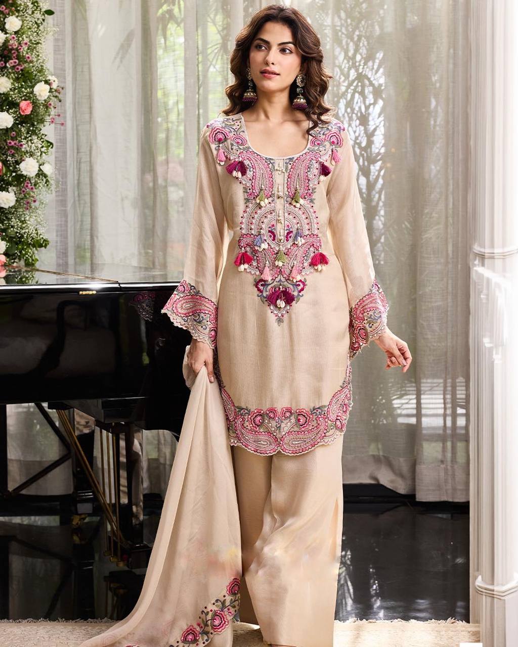 Georgette Farshi Suit Set Embroidered Party Wear