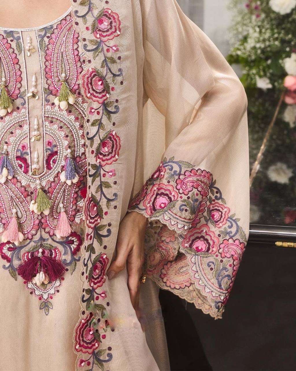 Georgette Farshi Suit Set Embroidered Party Wear
