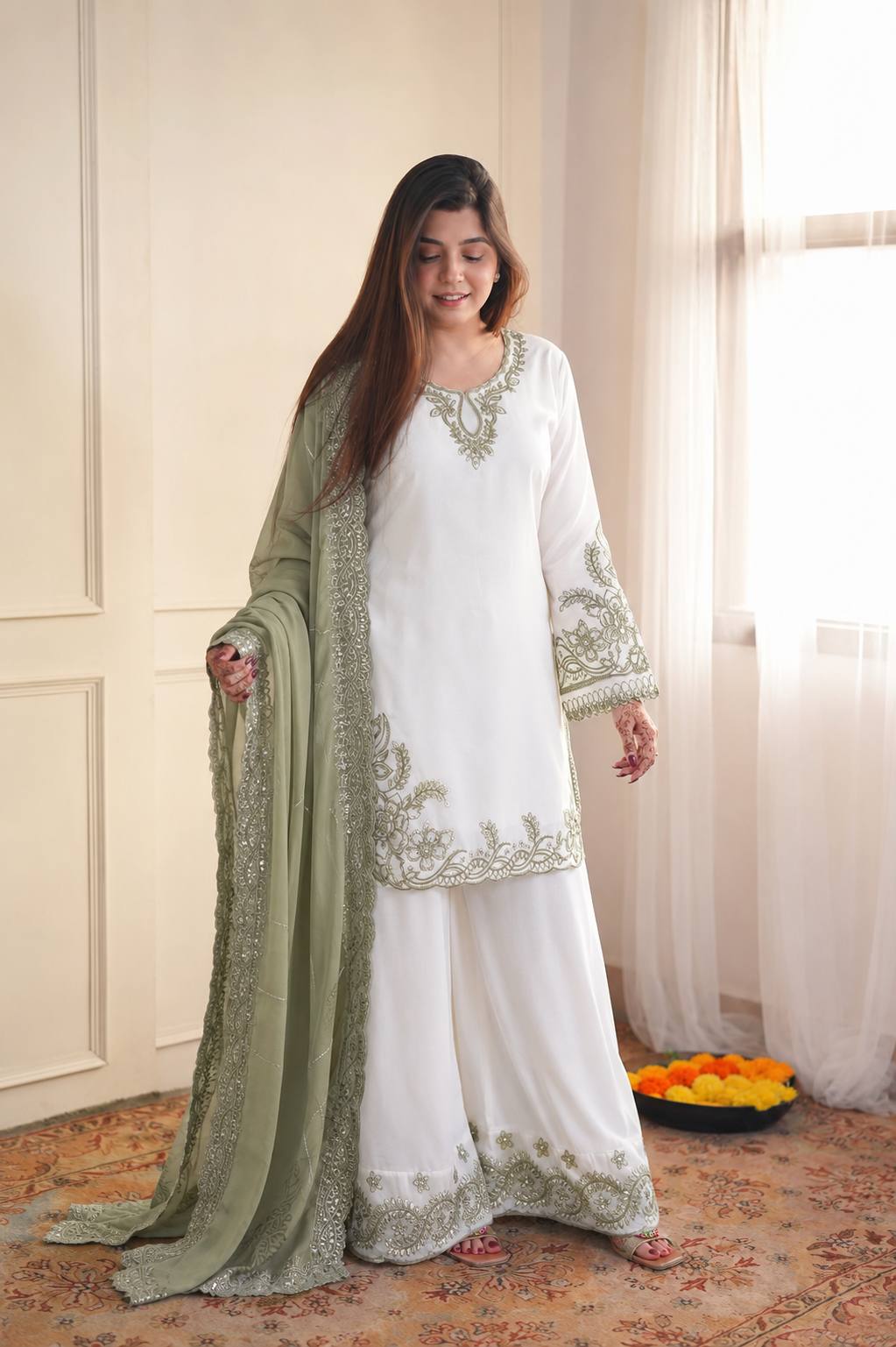 Pakistani Maska Cotton Embroidered Suit Set with Tabby Silk Dupatta