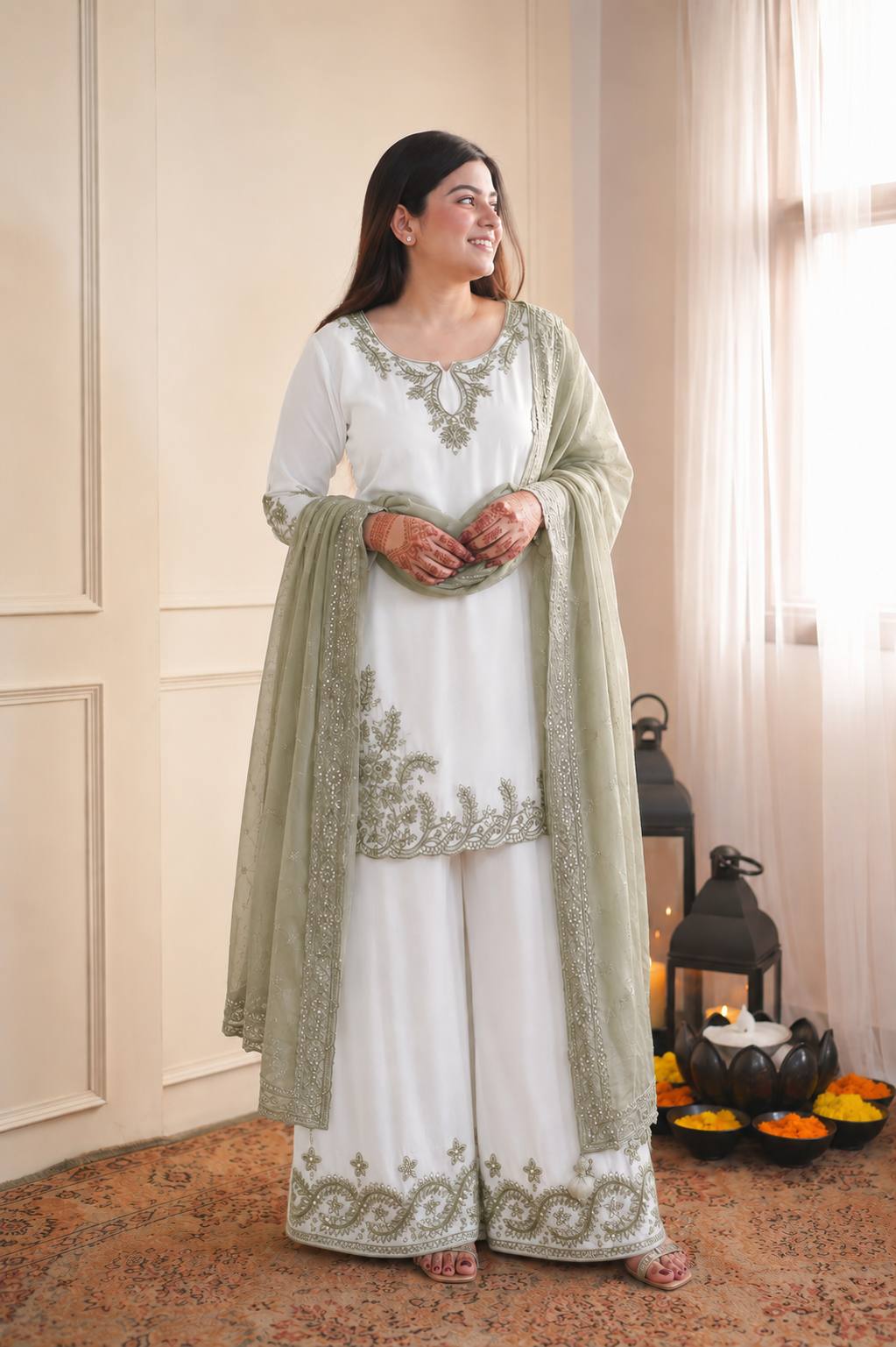 Pakistani Maska Cotton Embroidered Suit Set with Tabby Silk Dupatta