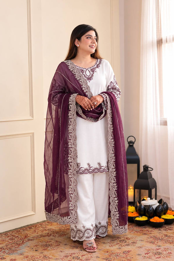 Pakistani Maska Cotton Embroidered Suit Set with Tabby Silk Dupatta