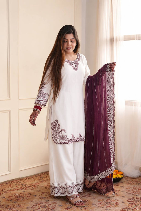 Pakistani Maska Cotton Embroidered Suit Set with Tabby Silk Dupatta