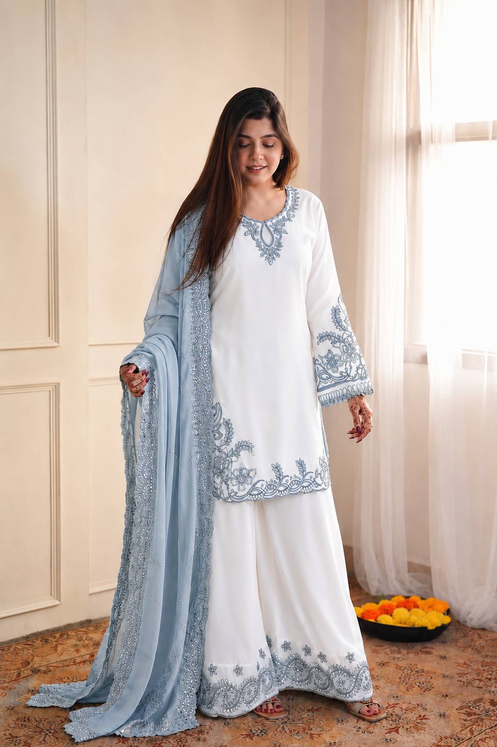 Pakistani Maska Cotton Embroidered Suit Set with Tabby Silk Dupatta