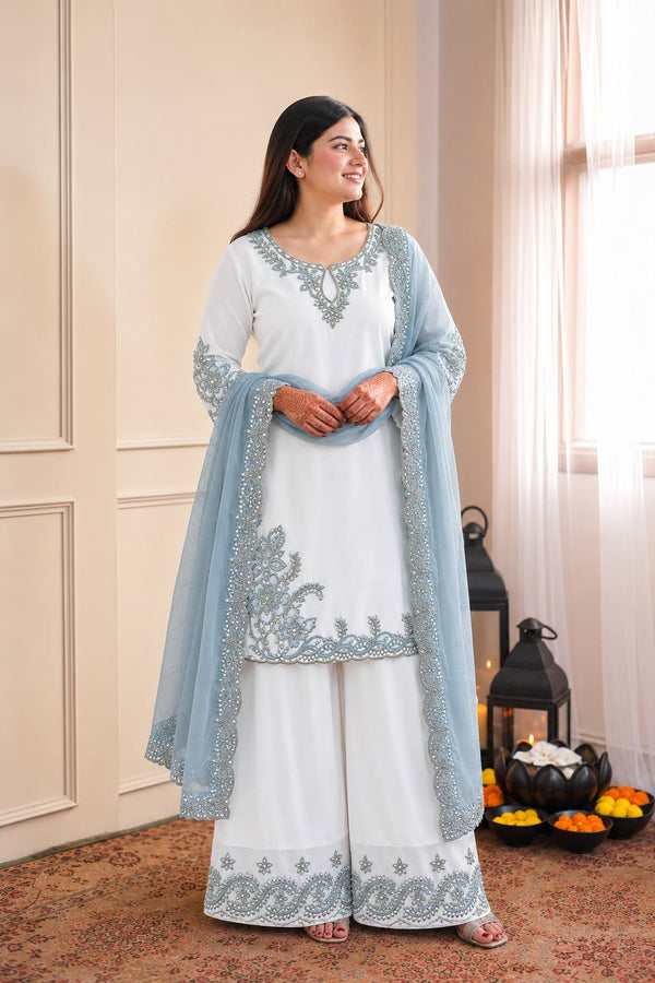 Pakistani Maska Cotton Embroidered Suit Set with Tabby Silk Dupatta