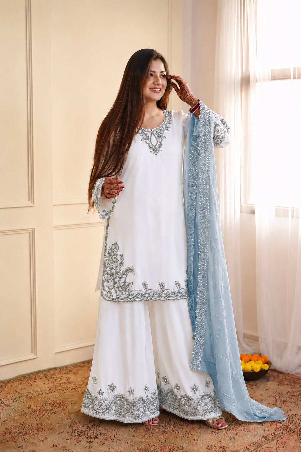 Pakistani Maska Cotton Embroidered Suit Set with Tabby Silk Dupatta