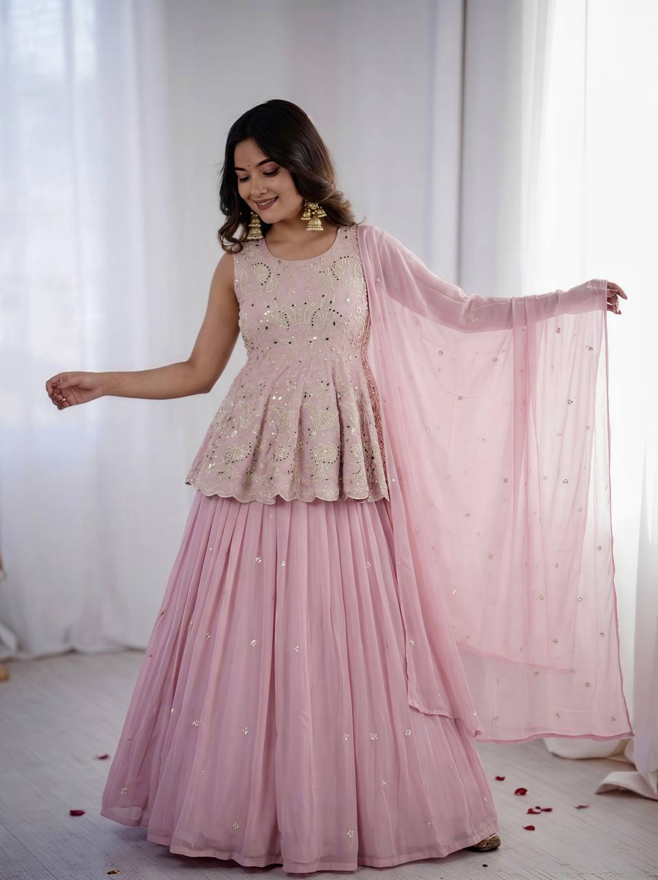 Faux Georgette Lehenga Set Embroidered Party Wear
