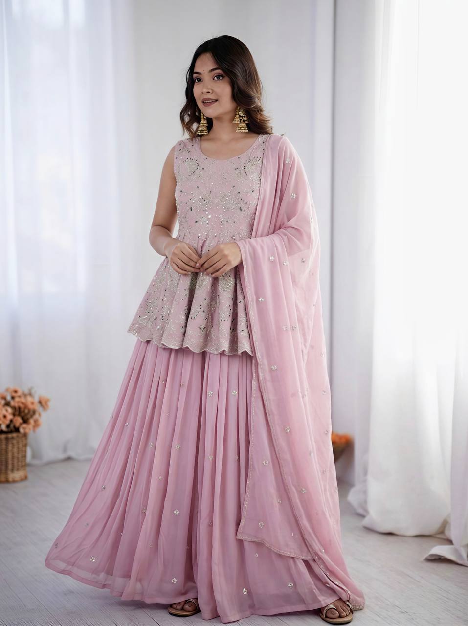 Faux Georgette Lehenga Set Embroidered Party Wear