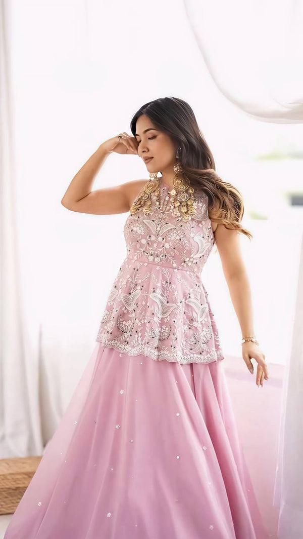 Faux Georgette Lehenga Set Embroidered Party Wear