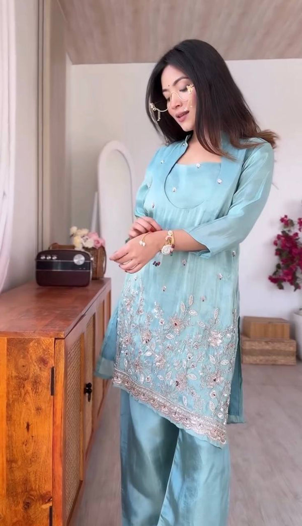 Glass Roman Embroidered Kurta Pant Party Wear Set