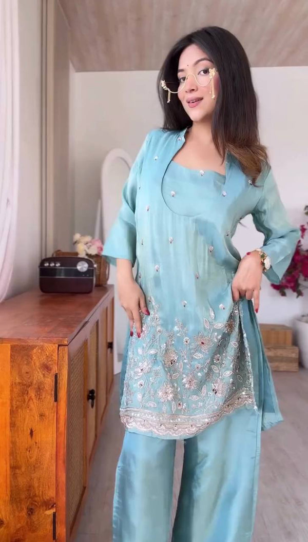 Glass Roman Embroidered Kurta Pant Party Wear Set