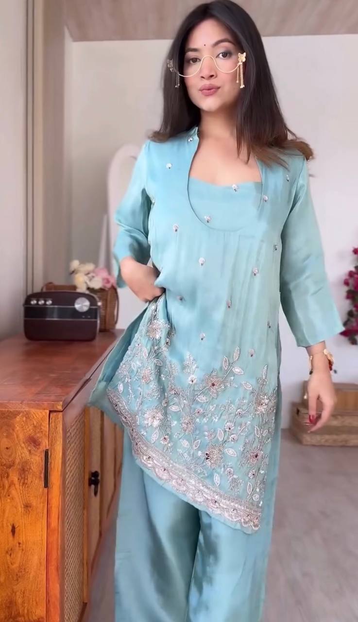 Glass Roman Embroidered Kurta Pant Party Wear Set