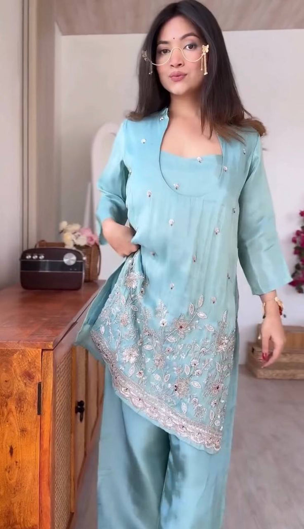 Glass Roman Embroidered Kurta Pant Party Wear Set