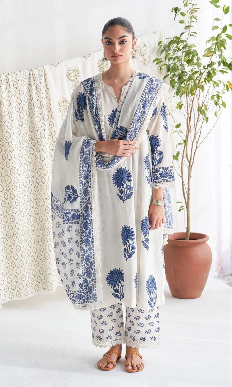 Jaipuri Taj Cotton Kurta Pant Dupatta Daily Wear Set