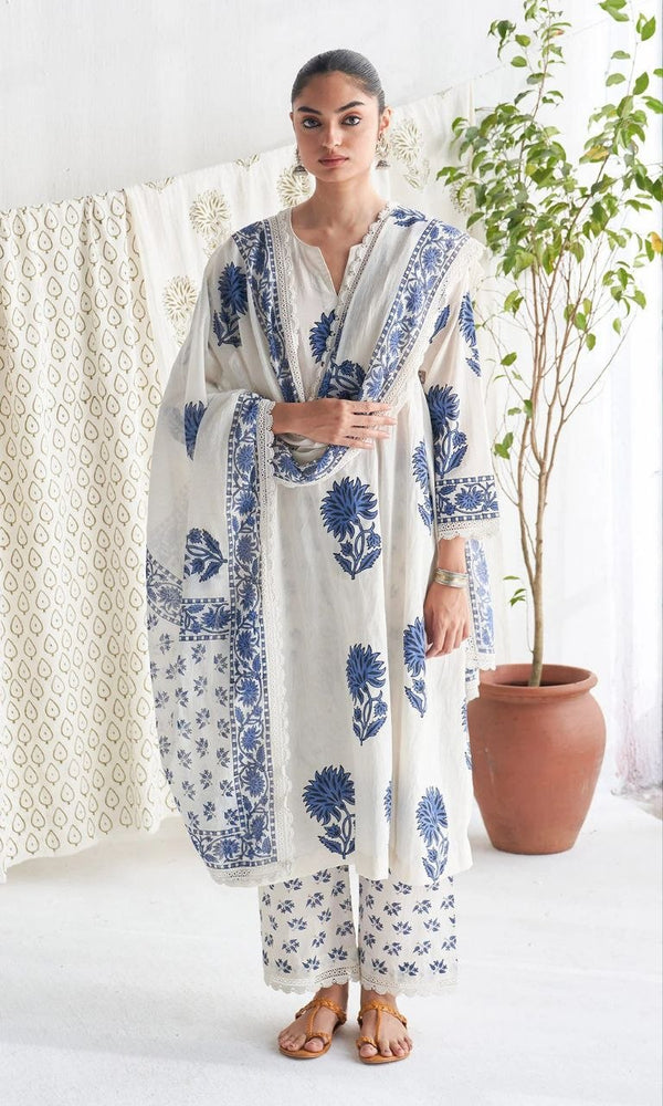 Jaipuri Taj Cotton Kurta Pant Dupatta Daily Wear Set