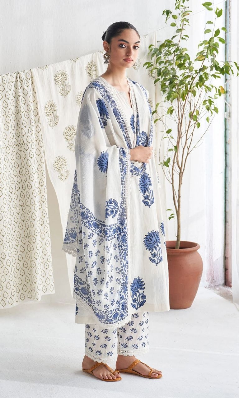 Jaipuri Taj Cotton Kurta Pant Dupatta Daily Wear Set