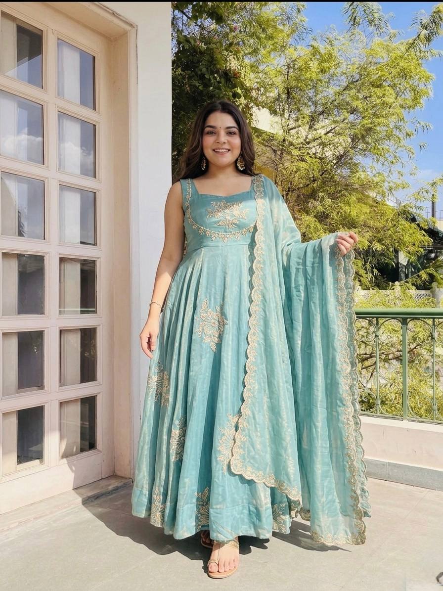 Fendy Silk Gown Sharara Set Embroidery Party Wear