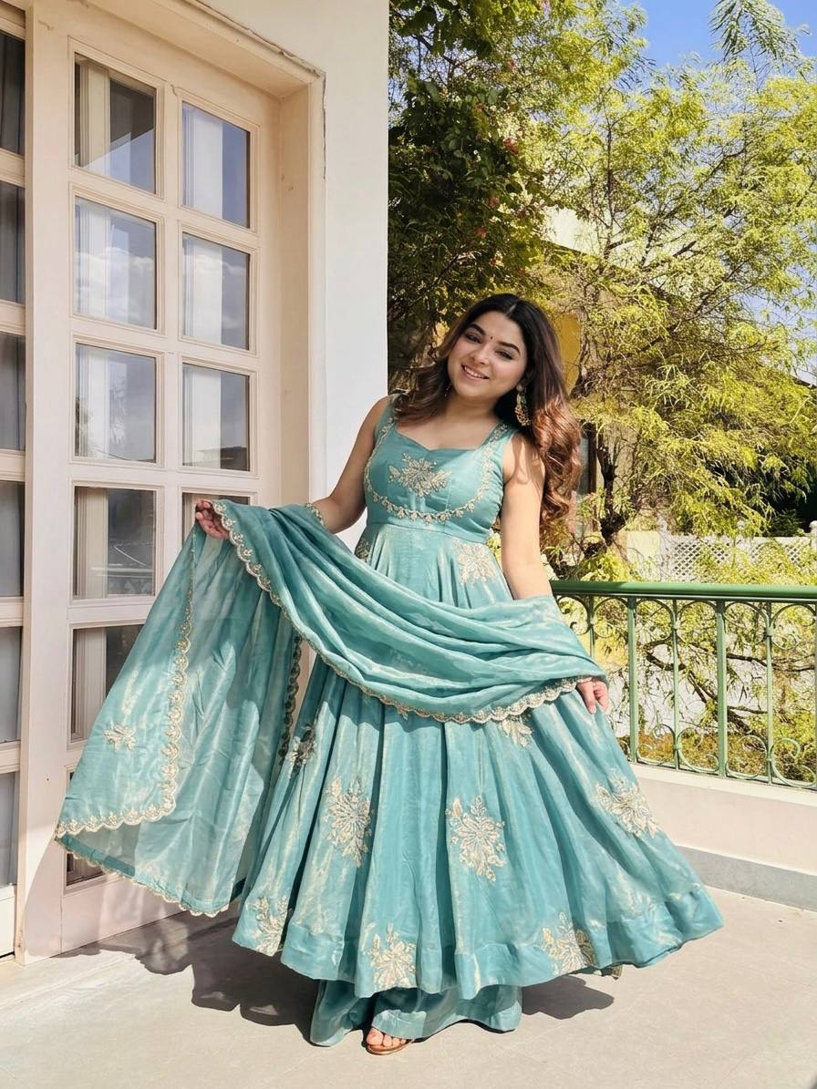 Fendy Silk Gown Sharara Set Embroidery Party Wear