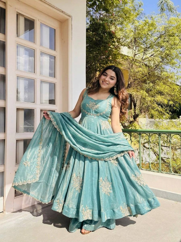 Fendy Silk Gown Sharara Set Embroidery Party Wear