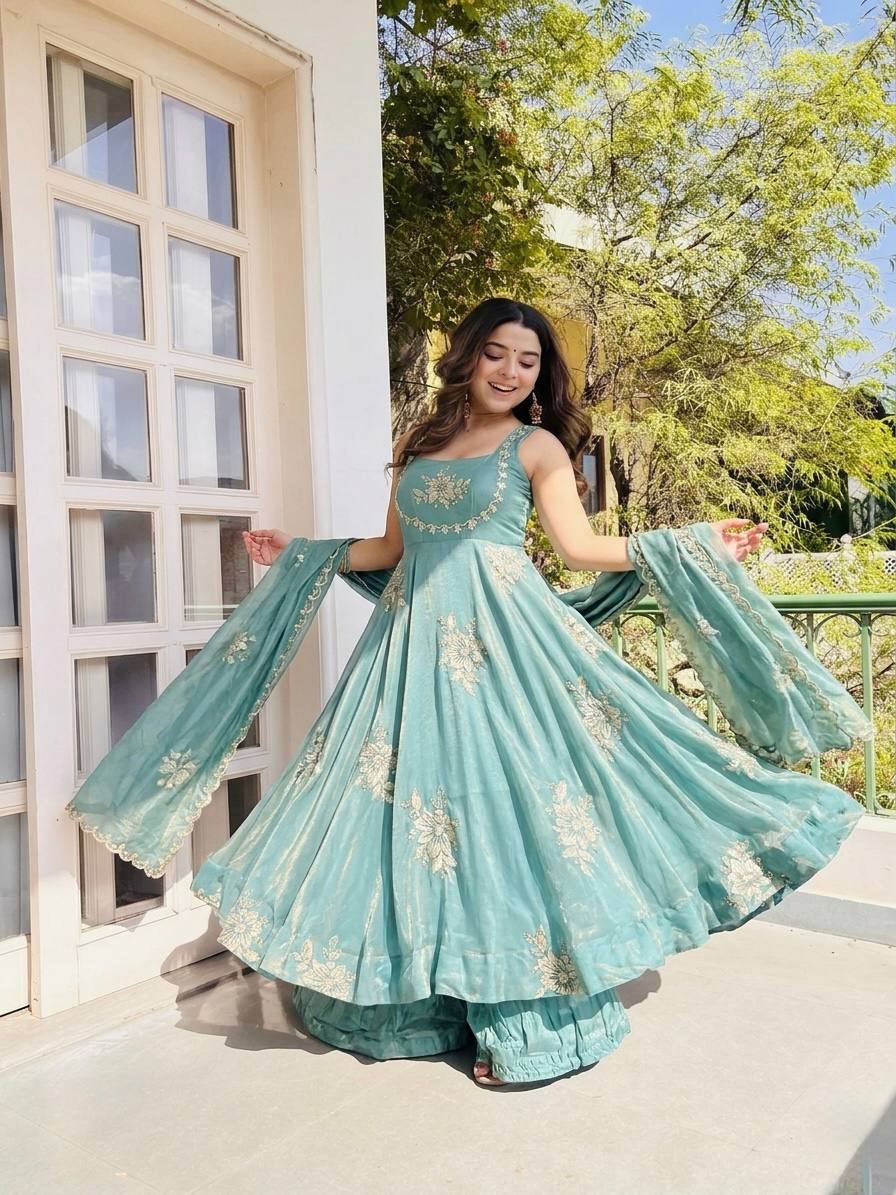 Fendy Silk Gown Sharara Set Embroidery Party Wear